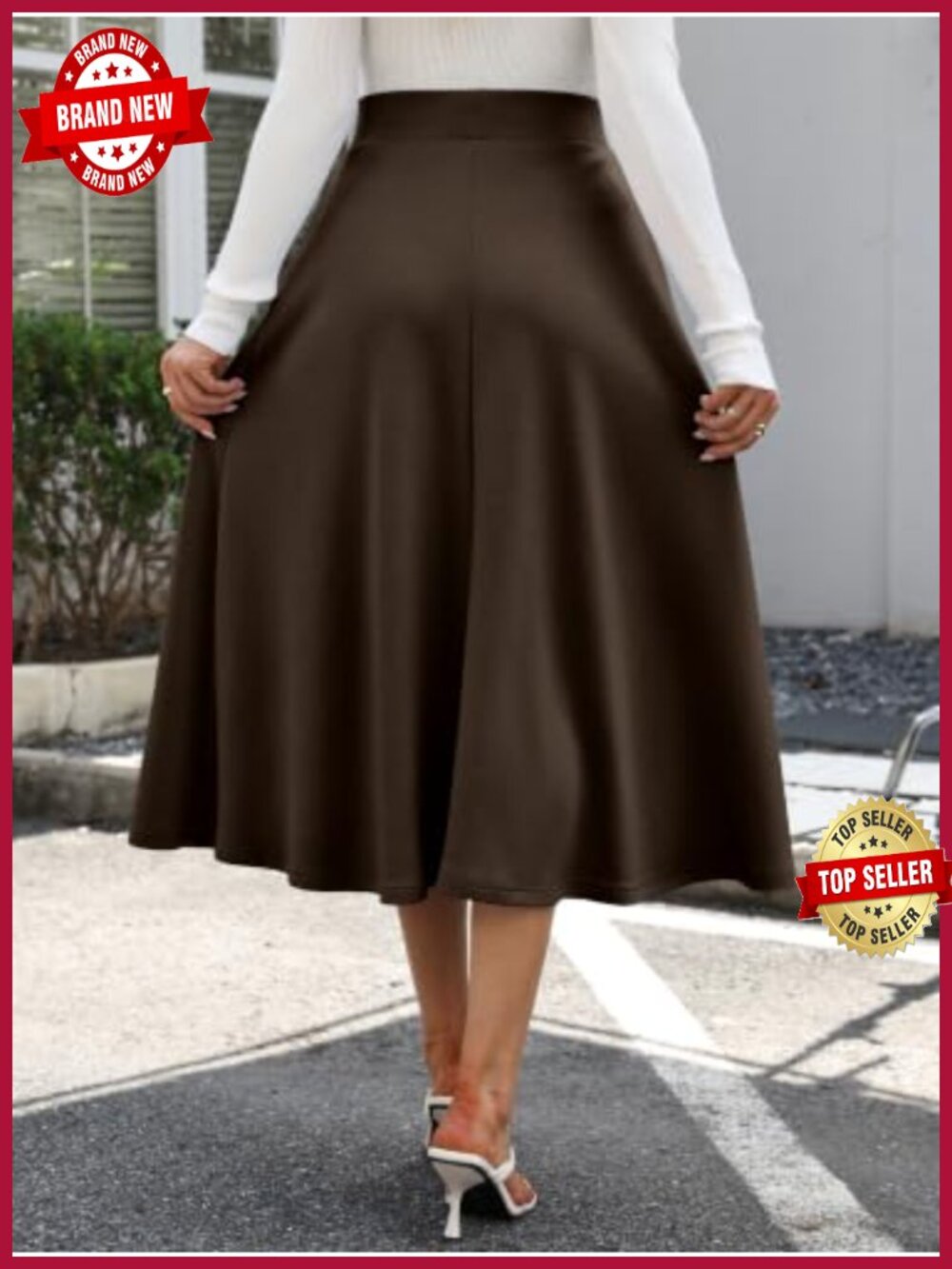 A-Line Elastic High Waist Midi Skirt with Pockets, Wrinkle Free Long Skirt, - Picture 4 of 6